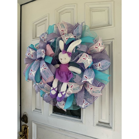 Purple Ballerina Bunny Rabbit Mesh Ribbon Easter & Spring Wreath Door Hanger xxx - Picture 6 of 7